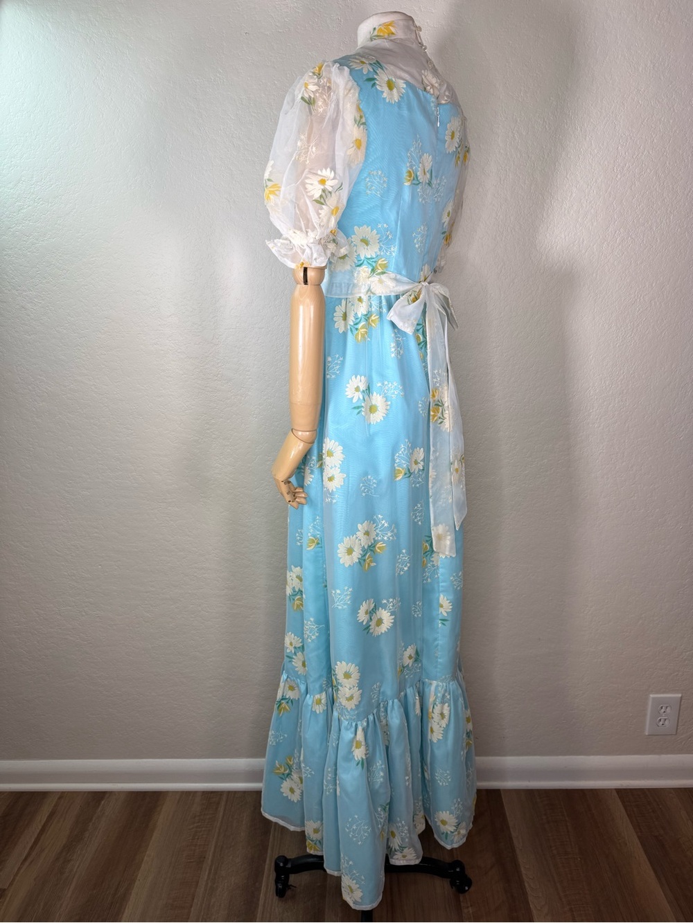 Vintage 60s Sky Blue Prairie Flocked Daisy Floral Ruffled Maxi Dress SMALL EUC - Picture 7 of 16